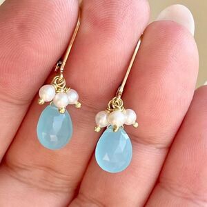 NEW 14k Aqua Blue and Freshwater Pearl Earrings